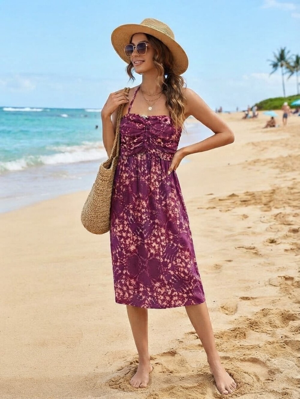 Soma Purple Pink Floral Spaghetti Strap Smocked Midi Dress Cover-Up Size L